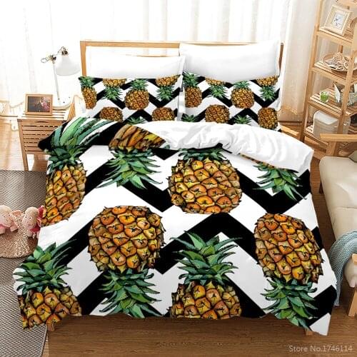 3D Delicious Fruit Pineapple Bedding Set Geometric Stripes Duvet Cover Set Quilt Cover & Pillowcase Bedclothes for Home Bedroom