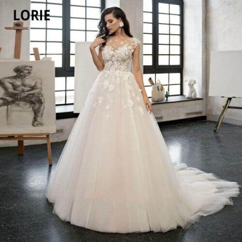 LORIE Elegant Wedding O-Neck Appliques Lace Cap Sleeves A-Line Wedding Dresses Boho Custom Made Princess Bridal Dresses