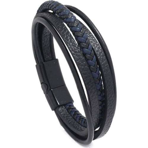 Fashion Casual Multi Row Leather Bracelet Magnetic Cuff Vintage Black Braided Leather Charm Wristbands Bangle Retro Punk Jewelry