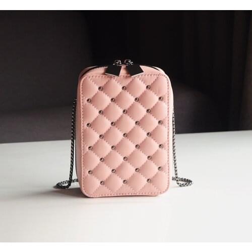 WOONAM Women Fashion Genuine Lambskin Leather Studs Chain Mini Phone Holder Case Cross-body Purse Bag WB757