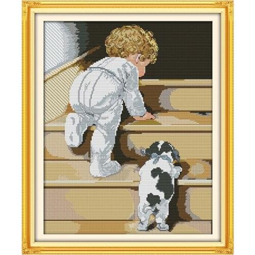 Child and dog portrait embroidery count DMC printed canvas 14CT11CT fabriccross stitch kit needle and thread kit home decoration