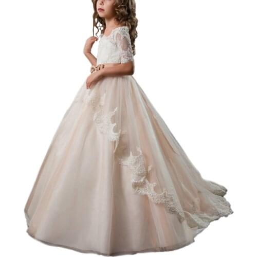 Fancy little girls dresses with sleeve champagne ball gown kids dresses for girls vestido nina lace first communion dresses 2018