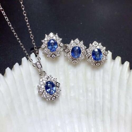 Real Natural Sapphire jewelry set Natural Real Sapphire 925 sterling silver 1pc pendant,1pc ring,2pcs Earring