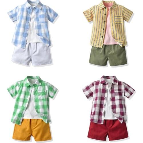 New Hawaiian Style Kids Boys Casual Clothing Set Summer Plaid Shirt+T-Shirt+Shorts 3Pcs Gentleman Outfits Boy Birthday Suit