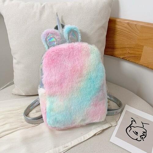 Winter new laser color plush unicorn backpack female school bag casual fashion