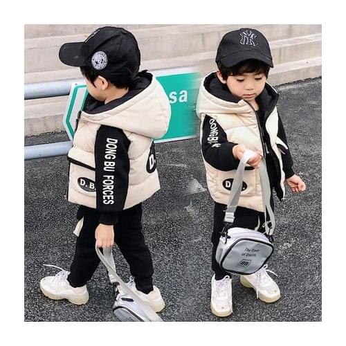 Autumn Winter Children Clothes Suits Letter Print Hoodies+Hooded Vest +Pants Kids Boys Three Piece Suits Boys Winter Clothes