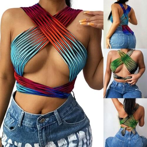 Sexy Halter Neck Camisole, 2021 Women Fashion Variegated Color Sleeveless Crop Tops, Blue/ Green