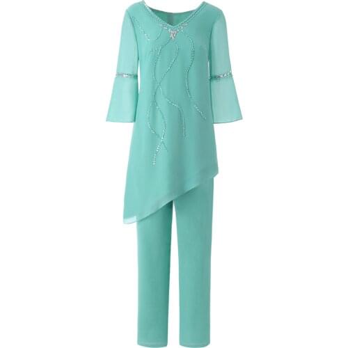 SOLOVEDRESS Crystals Beading Sequin 2 Two Pieces High-Low Mother Of the Bride Dress Pants Suit For Wedding Party Groom SL-M20