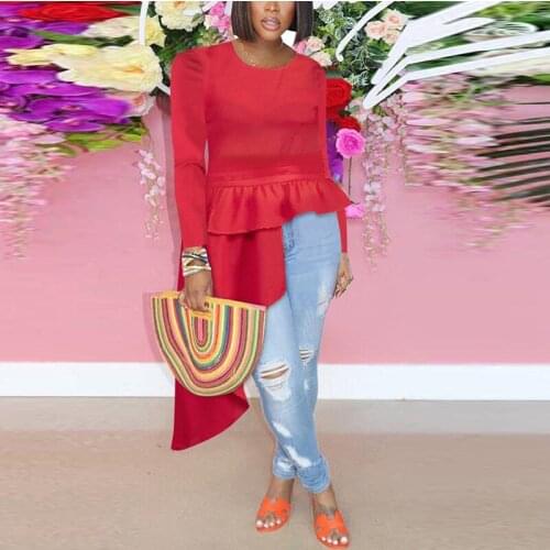 Long Sleeve O Neck Peplum Top Shirt Casual Red Shirts