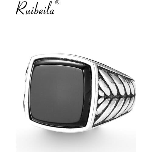 Ruibeila atmospheric vintage wheat ear black agate ring men S925 silver gem square oval ring jewelry