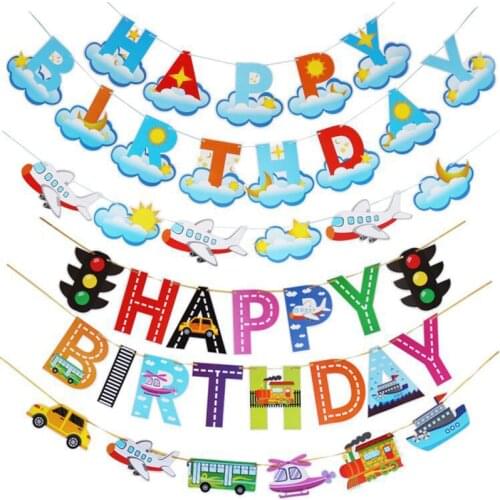 Happy Birthday Cartoon Banner Traffic Light Transportation Banner Baby Birthday Party Decorations Car Airplane Banner Decor