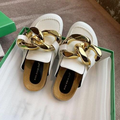 Chic Ladies Slippers Gold Chain Decor Round Toe Flat Mules Lazy Loafers Casual Shoes Womens Outdoor Cozy Soft PU Leather Female
