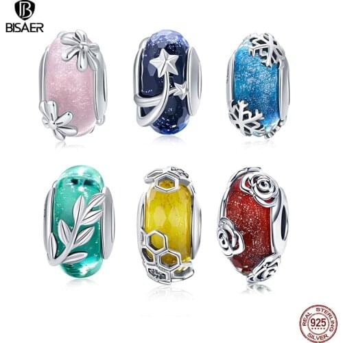 BISAER 100% 925 Sterling Silver Snowflake European Beads Tree Leaves Star Flower Glass Beads fit Bracelets DIY Jewelry ECC862