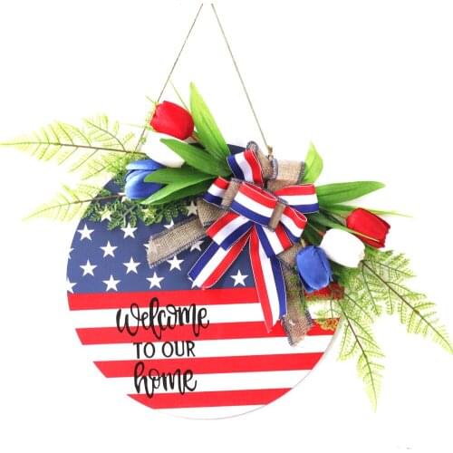 American Patriotic Tulip Silk Wreaths Garland Front Door Decor Round Housewarming Gift Party Holiday Decoration Flower Pendant