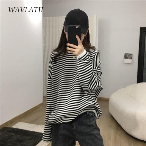 WAVLATII New Striped Women Sweatshirts Lady Drop-shoulder Fashion Style Hoodies Female Oversized Tops for Autumn WH2112