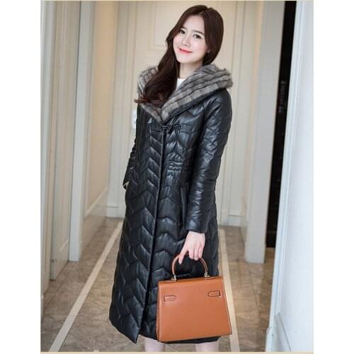 2020 Real Sheepskin Coat Female Genuine Leather Jacket Womens Mink Fur Collar Hooded Down Jackets Jaqueta Couro WXF266