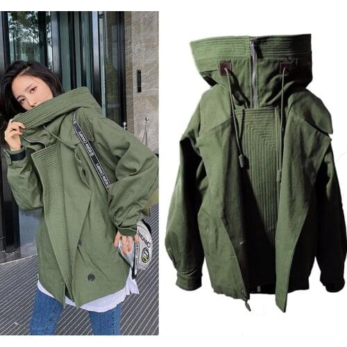 Women Hooded Jacket 2021 Autumn Winter Outerwear Navy Green Thick Loose Casual Hooded Stand Collar Assault Clothing New