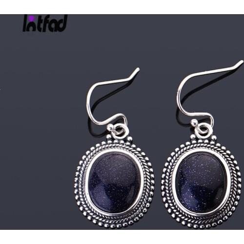 Sterling Silver 925 Pendant Earrings Natural 10X12mm Blue Sandstone Drop Earrings for Women Gift Fashion Party Fine Jewelry