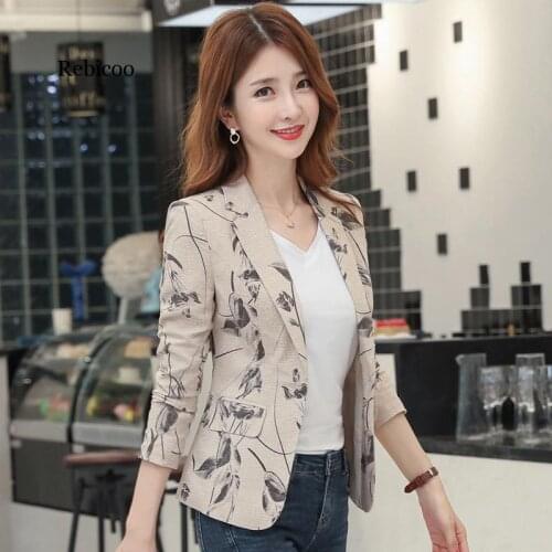 Rebicoo autumn Korean version of the self-cultivation retro printing small suit jacket female Office Lady Single Breasted