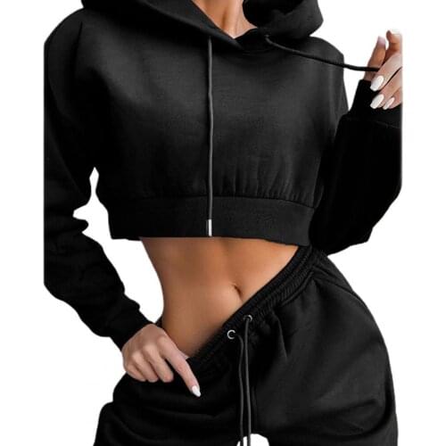 1 Set Hoodies Pants Set Hooded Drawstring Women Long Sleeve Crop Top Hoodies Pockets Trousers for Sports Women 2 Piece Set