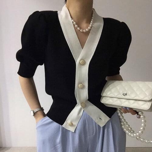 Korean Women Summer And Autumn French V-neck Splicing single-row buckle casual Lady Knitted knitwear top Cardigan