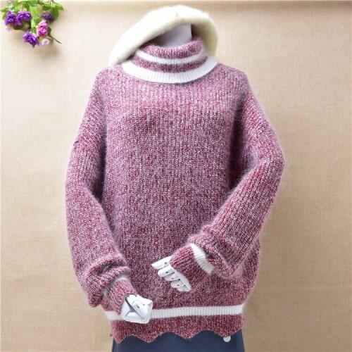 Ladies women fashion sweet pink angora rabbit fur knitwear loose turtleneck long sleeves pullover winter clothing jumper tops