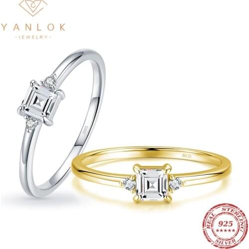 YANLOK Authentic 925 Sterling Silver Square Emerald Cut Clear CZ Finger Ring For Women Wedding Engagement Statement Jewelry Anel