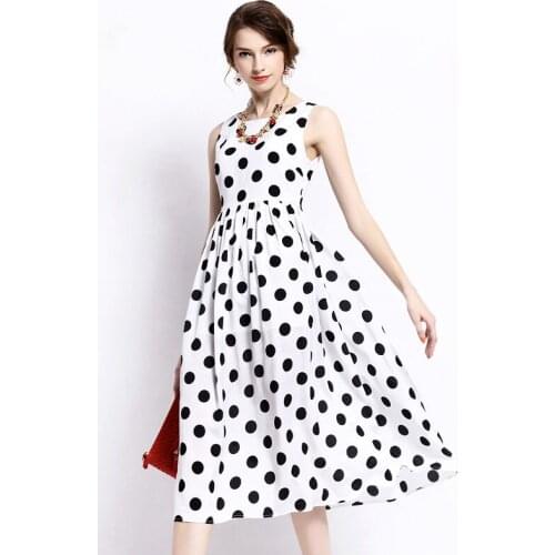 Customize Womens Summer Retro Sleeveless O Neck dress High Waist Black White Polka Dot Print chiffon dresses Plus Size 3XS-10XL