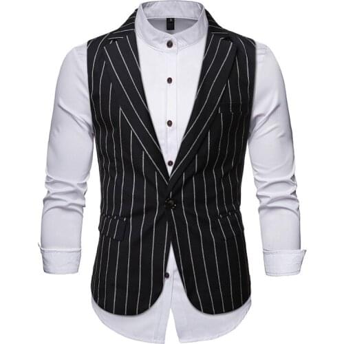 Black Striped Mens Vest Suit Waistcoat Male Prom Party Disco Dress Vest Pocket Smart Casual Single Button Slim Gilet Homme 4XL