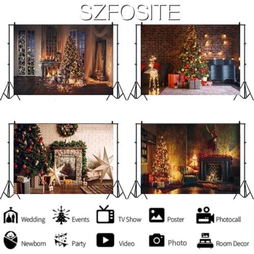 Winter Fireplace Tree Gift Holiday Backdrop Christmas Happy Party Decoration Kids Room Baby Bath Newborn Custom Background Photo