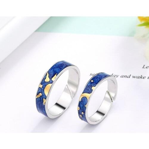 2Pcs Van Gogh Blue Starry Sky Open Ring Star Moon Always Thinking You Lover Adjustable Romantic Lover Ring Gifts