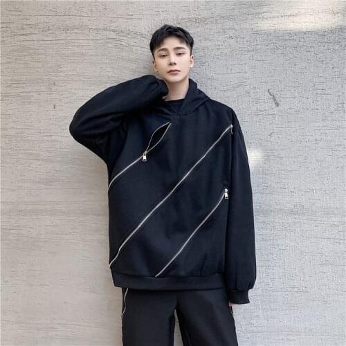2021spring Korean style Unique three Diagonal zipper design sweatshirt men casual loose hooded sweatshirt for men,M-XXL