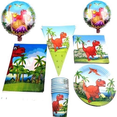 61PCS Dinosaur Design Balloons Kids Favors Napkins Plates Flags Baby Shower Banner Decorate Tablecloth Birthday Event Party Cups