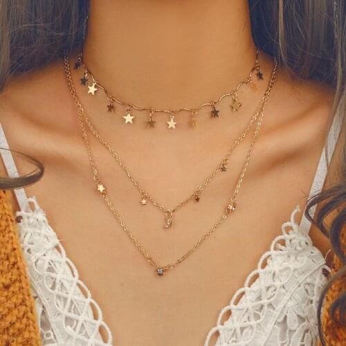 BONLAVIE New Fashion Geometry Diamond Stars and Moon Three-layer Necklace Simple Five-pointed Star Clavicle Chain