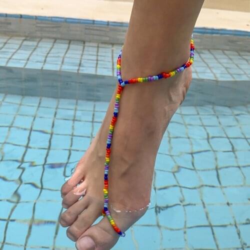 Summer Beach Fashion Colorful Beaded Elasticity Toe Ring Anklets Bohemia Barefoot Sandals Foot Jewelry For Women Charm Anklets