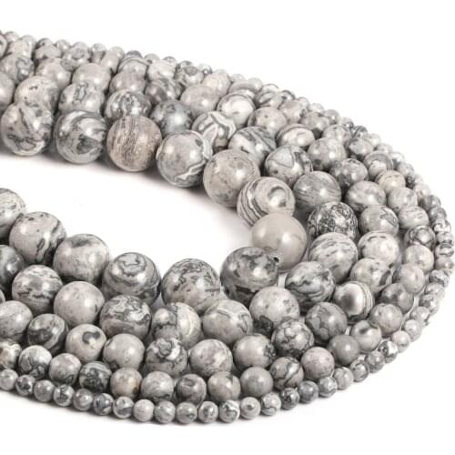 Natural Stone Gray Map Jaspers Beads Loose Round Beads 15'' Strand 4 6 8 10 12mm for Men Jewelry Making DIY Bracelet Necklace