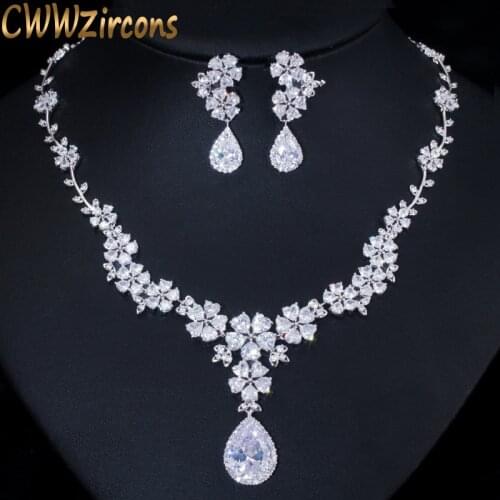 CWWZircons 2019 New Fashion Bridal Flower Necklace and Earrings Cubic Zirconia Women Wedding Jewelry Sets for Brides T108