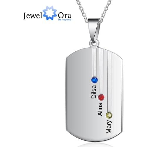 JewelOra Designer Customized Engraved Name Square Pendant Necklace Personalized 12-Month Birthstone Necklace Gift for Family