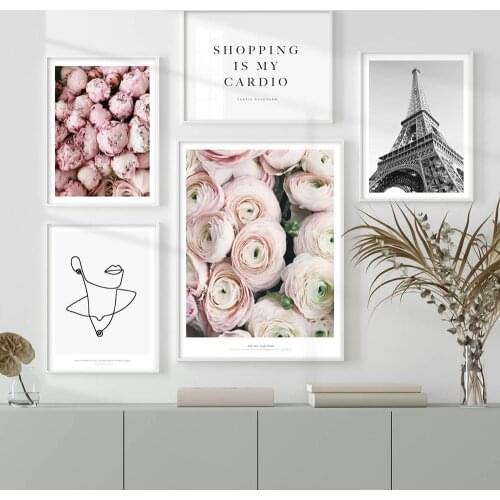 Pink Paris Tower Street Peony Flowers Home Art Canvas Painting Line Body Posters And Prints Wall Pictures For Living Room Decor