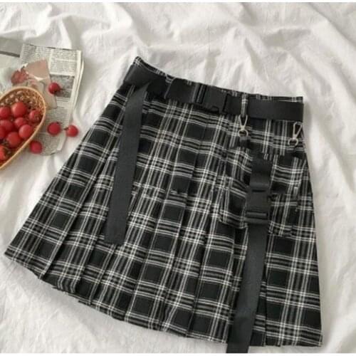 Japanese Women Pleated Mini Skirt Sweet Harajuku Plaid A-Line Faldas Hip-Hop Gothic Black Plaid Skirts Streetwear Casual Skirts