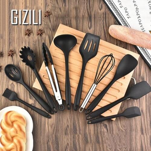 10Pcs Silicone Kitchen Utensils Sets Heat Resistant Cooking Tools Non-Stick Pan Wooden Handle Scraper Shovel Whisk Food Tongs
