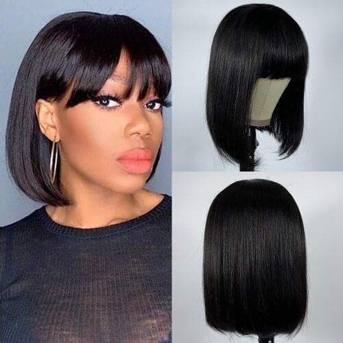Real Straight Brazilian Remy Bob Wig With Bangs Human Hair For Woman Short Natural Hair Wig Full Machine Made Fringe Lace Wigs