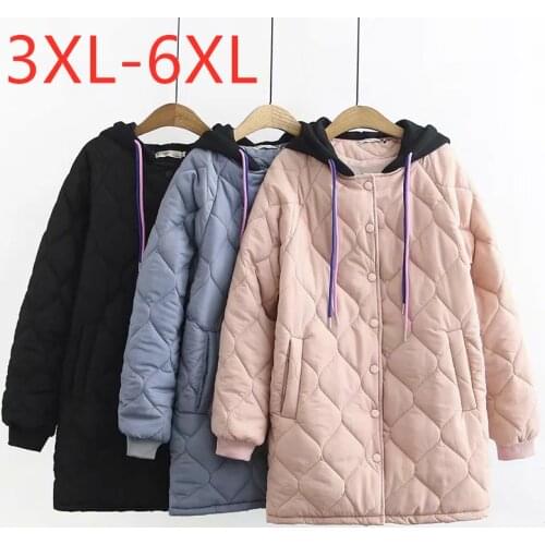 New ladies autumn winter plus size long wadded hoodie for women large loose long sleeve pocket button pink coat 3XL 4XL 5XL 6XL