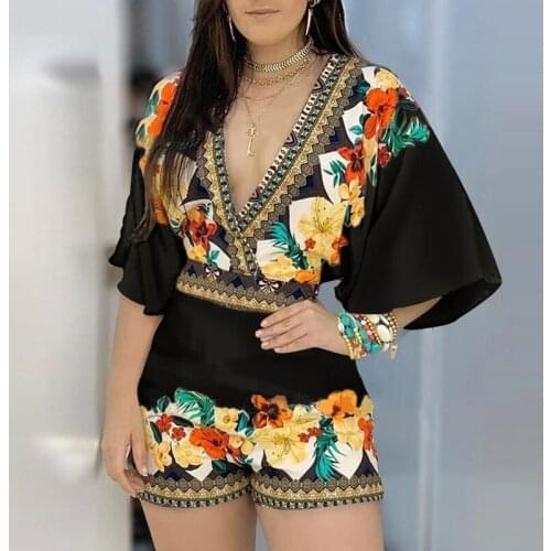 New Partially Printed Deep V One-piece Shorts 2021 Summer Straight Embroidered One-piece Womens Mid-waist Thin Ladies' One-piec