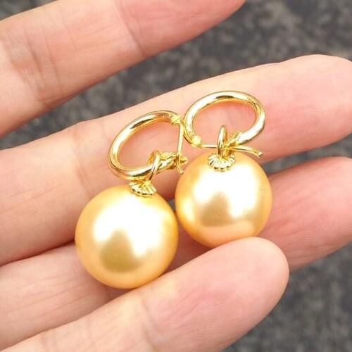 Huge pair of AAA++16mm natural round SHELL gold pearl earring 14K