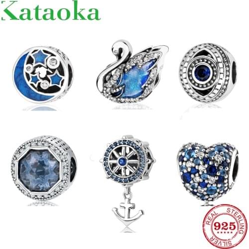 925 Sterling Silver blue charms beads Swan Anchor Heart and round shape CZ bead Fit Original European Bracelet Jewelry