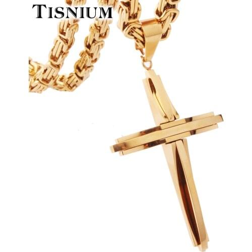Men Women Cross Pendant Necklace Gold Black Stainless Steel Choker Byzantine Chain High Polished Hip-Hop Male Gift Wholesale