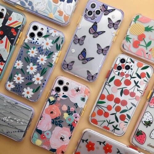 Retro Art Flower Butterfly Shockproof Bumper Clear Cute Phone Case For iPhone 12 11 Pro 7 8 Plus X XR XS Max Soft TPU Back Cover