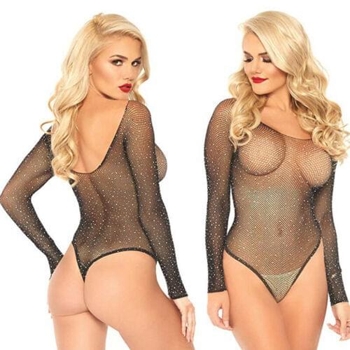 Sexy Fishnet Rhineston Bodysuit See-through Fishnet Long Sleeve Hollow Out Perspective Slim Solid Backless Playsuit Lingerie