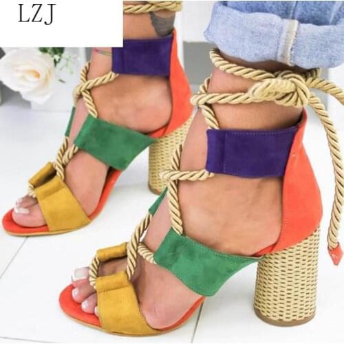 Women Pumps Fashion Heels Lace Up High Sandals for Summer Shoes Gladiator Thick Chaussures Femme Square Heels Knot Rope 2020